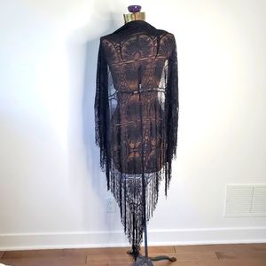 Vintage black crochet shawl with fringe